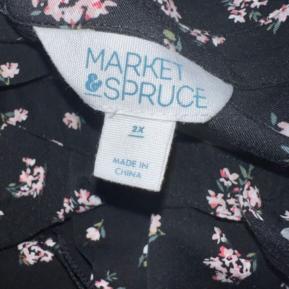 Market & Spruce 2X Black Floral Vasilisa Twill 1/4 Button Henley Shirt Dress - Picture 9 of 10